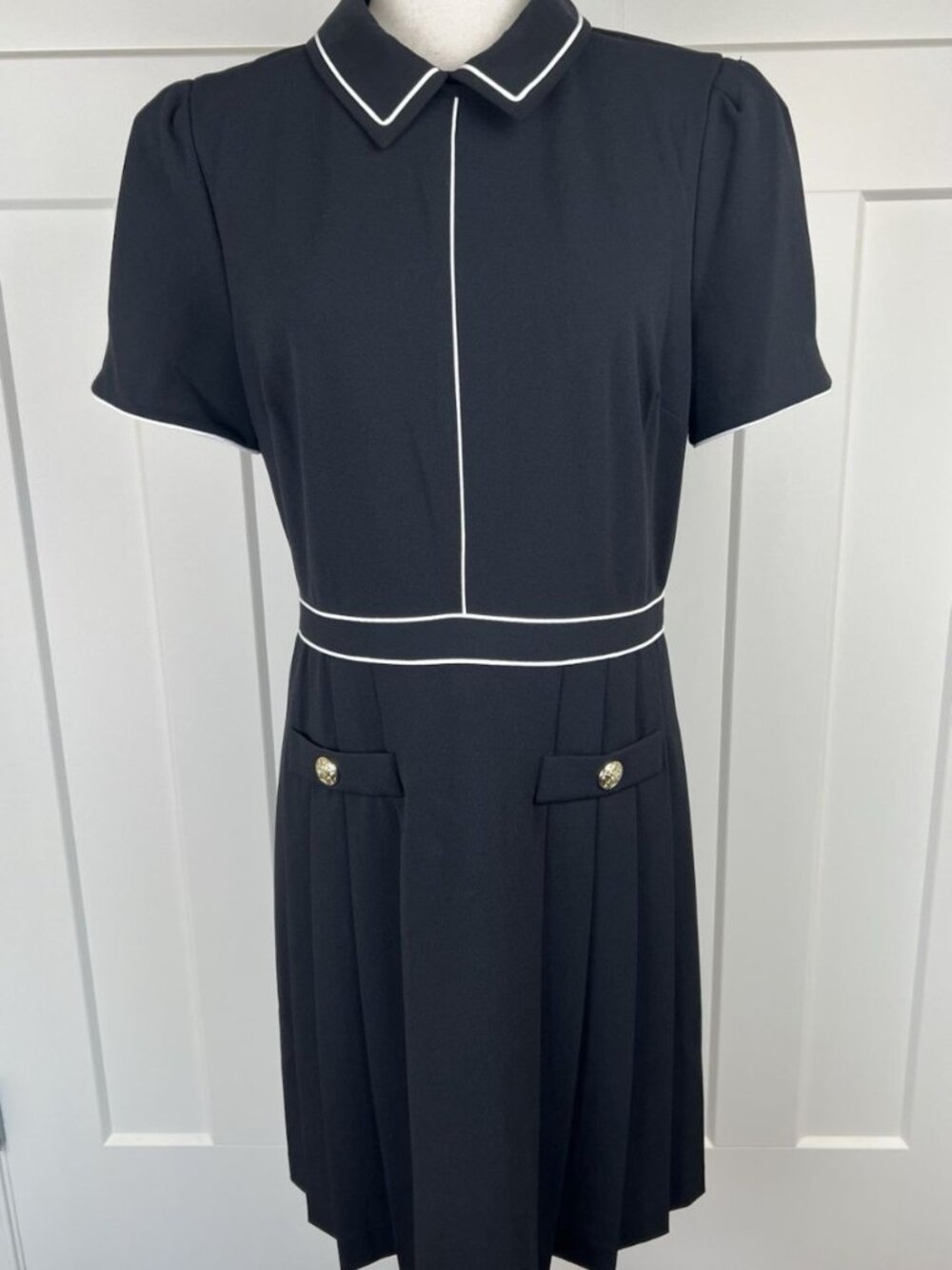 NWT Karl Lagerfeld Paris Dress 12 Black White Trim Gold Button Career Sheath